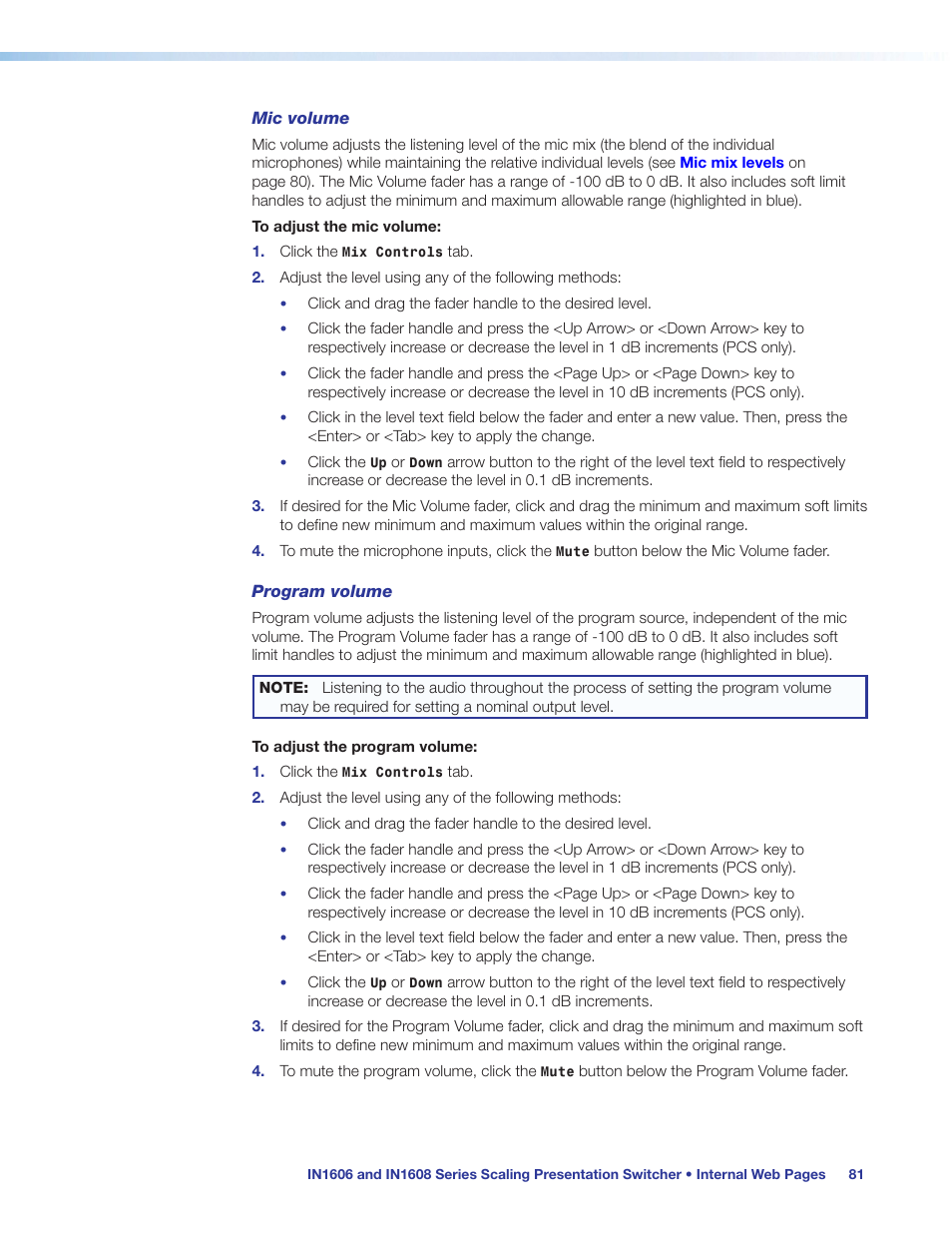 Ophone inputs (see, Mic volume, Program volume | Extron Electronics IN1608 MA User Guide User Manual | Page 87 / 109