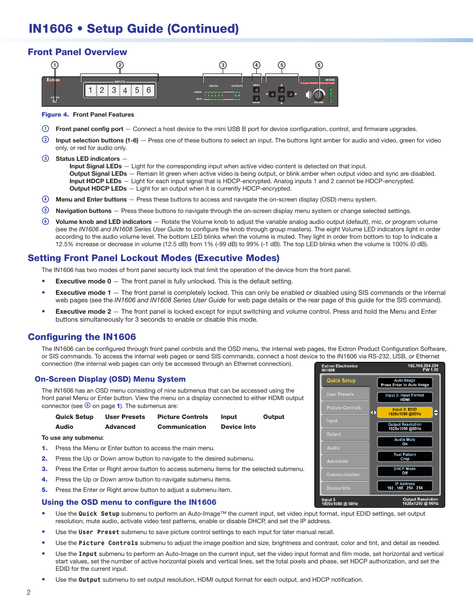 In1606 • setup guide (continued), Front panel overview, Configuring the in1606 | Extron Electronics IN1606 Setup Guide User Manual | Page 2 / 4