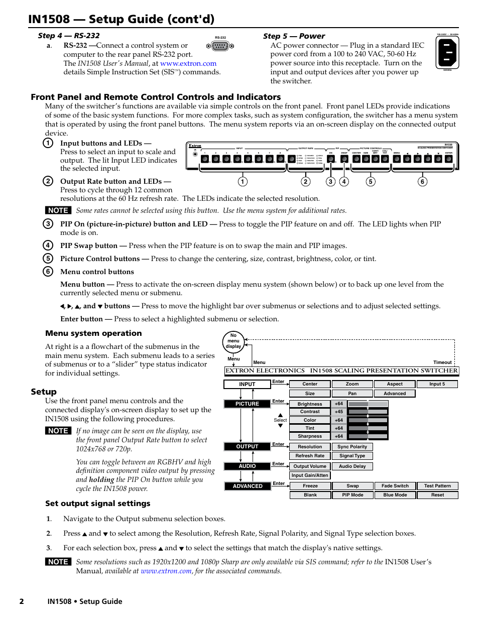 In1508 — setup guide (cont'd), Setup, Menu system operation | Set output signal settings, Power | Extron Electronics IN1508 Setup Guide User Manual | Page 2 / 4