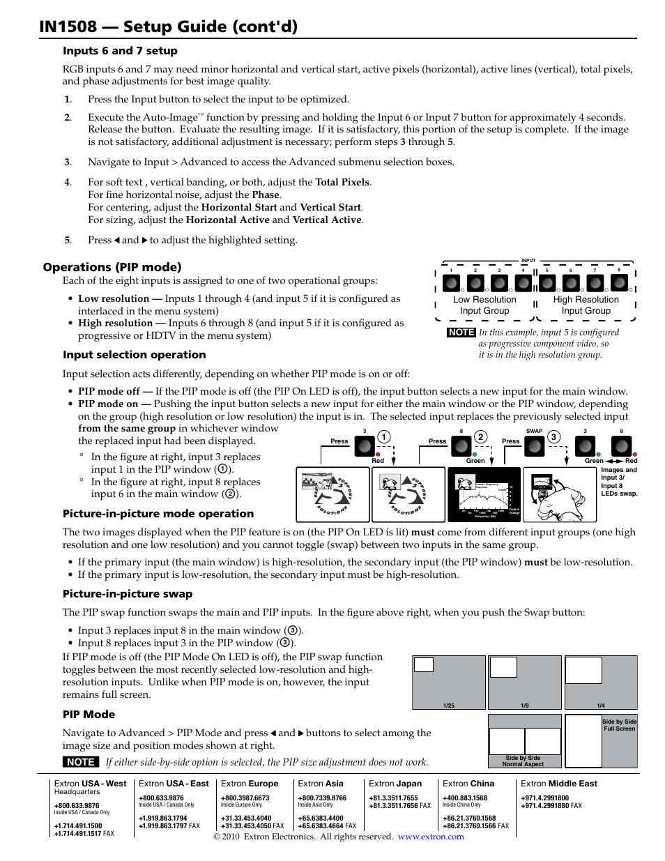 In1508 — setup guide (cont'd), Operations (pip mode), Inputs 6 and 7 setup | Input selection operation, Picture-in-picture mode operation, Picture-in-picture swap, Pip mode | Extron Electronics IN1508 Setup Guide User Manual | Page 4 / 4