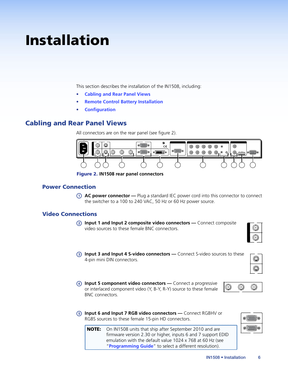 Installation, Cabling and rear panel views, Power connection | Video connections, Power connection video connections, Video sources to these female bnc connectors, Pin mini din connectors | Extron Electronics IN1508 User Guide User Manual | Page 11 / 72