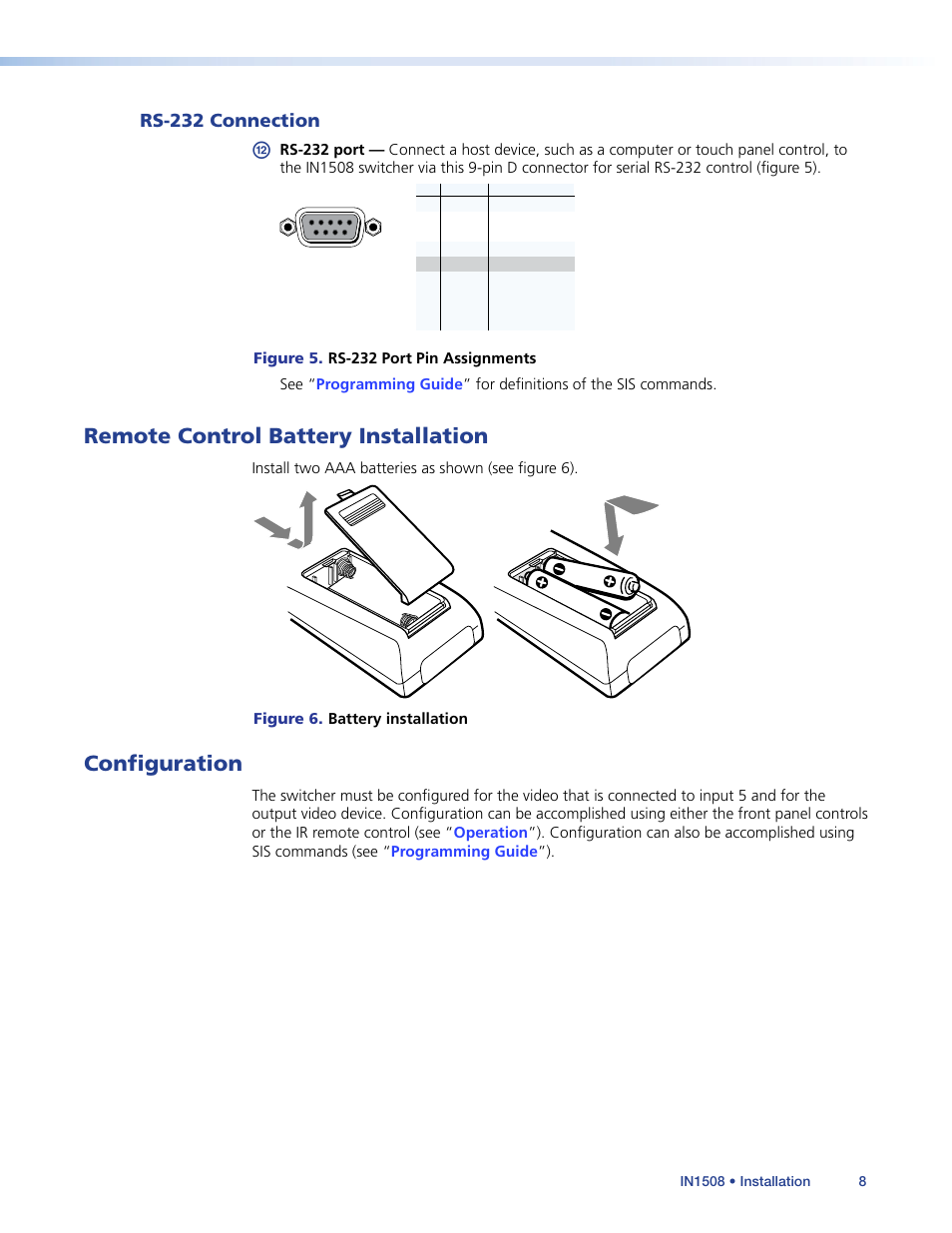 Rs-232 connection, Remote control battery installation, Configuration | Remote control battery installation configuration | Extron Electronics IN1508 User Guide User Manual | Page 13 / 72