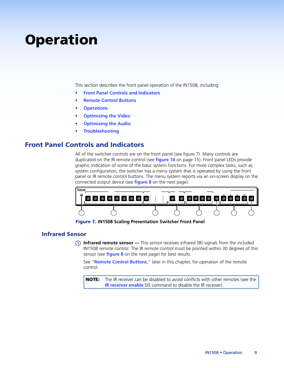 Operation, Front panel controls and indicators, Infrared sensor | Extron Electronics IN1508 User Guide User Manual | Page 14 / 72