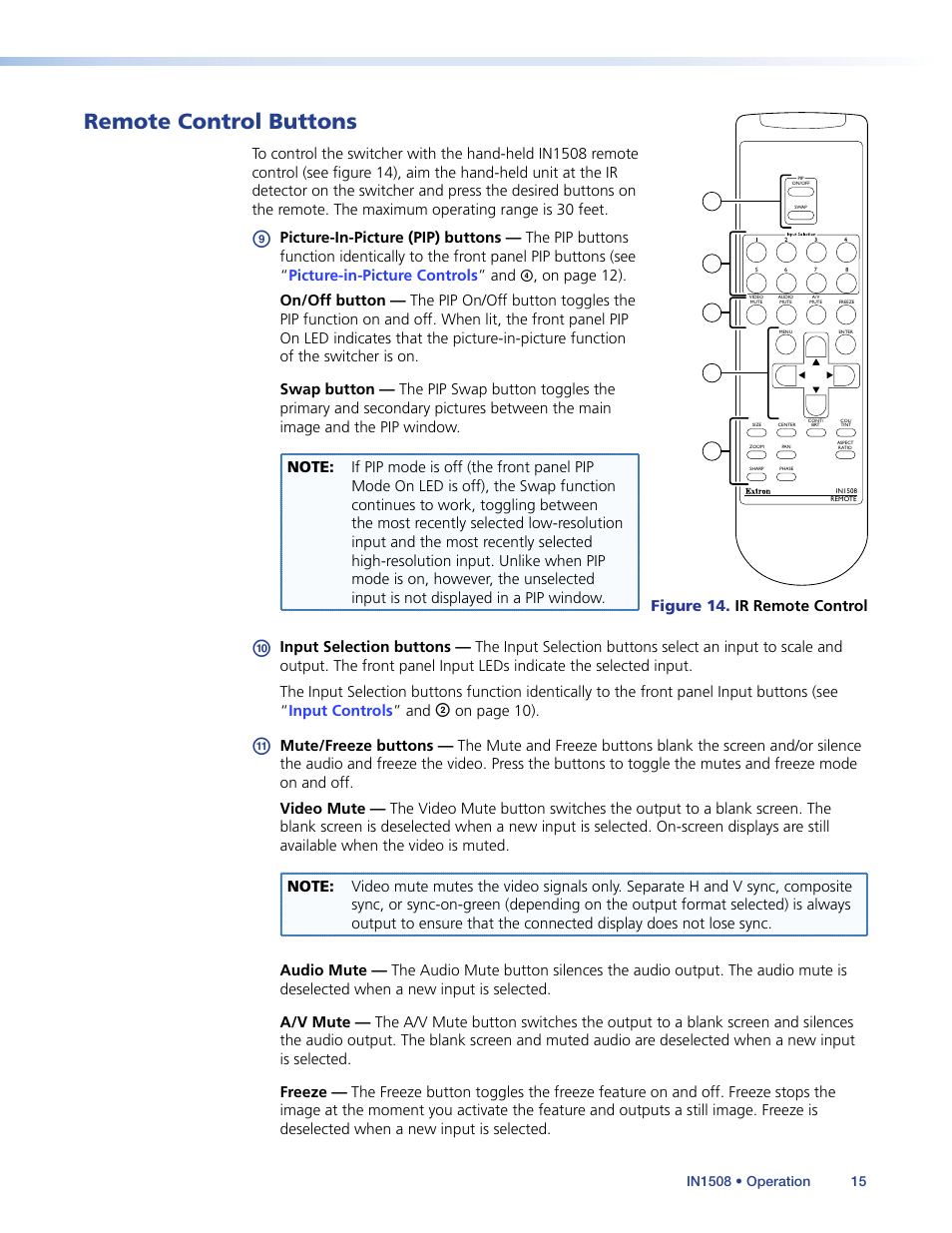 Remote control buttons, Ol (see, Figure 14 | On page 10), Figure 14. ir remote control | Extron Electronics IN1508 User Guide User Manual | Page 20 / 72