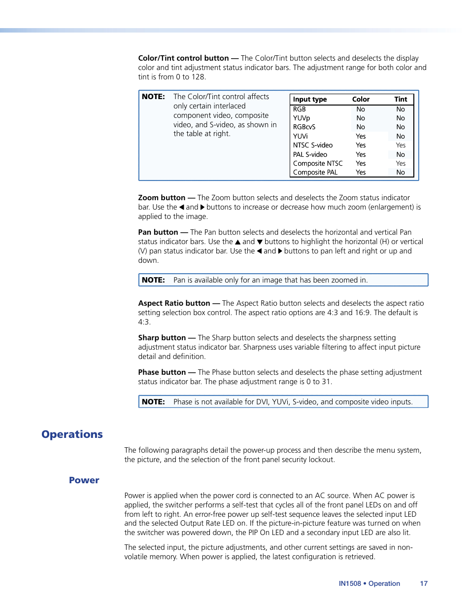Operations, Power | Extron Electronics IN1508 User Guide User Manual | Page 22 / 72
