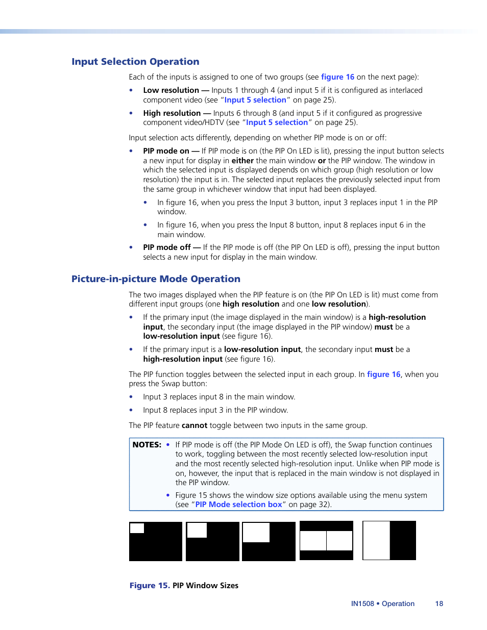 Input selection operation, Picture-in-picture mode operation, Input selection | Operation | Extron Electronics IN1508 User Guide User Manual | Page 23 / 72