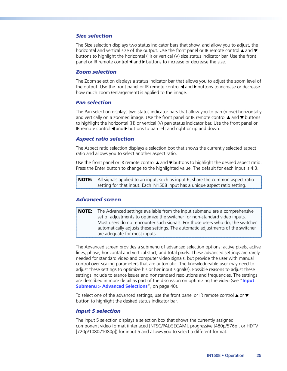 Input 5 selection, Component video/hdtv (see | Extron Electronics IN1508 User Guide User Manual | Page 30 / 72