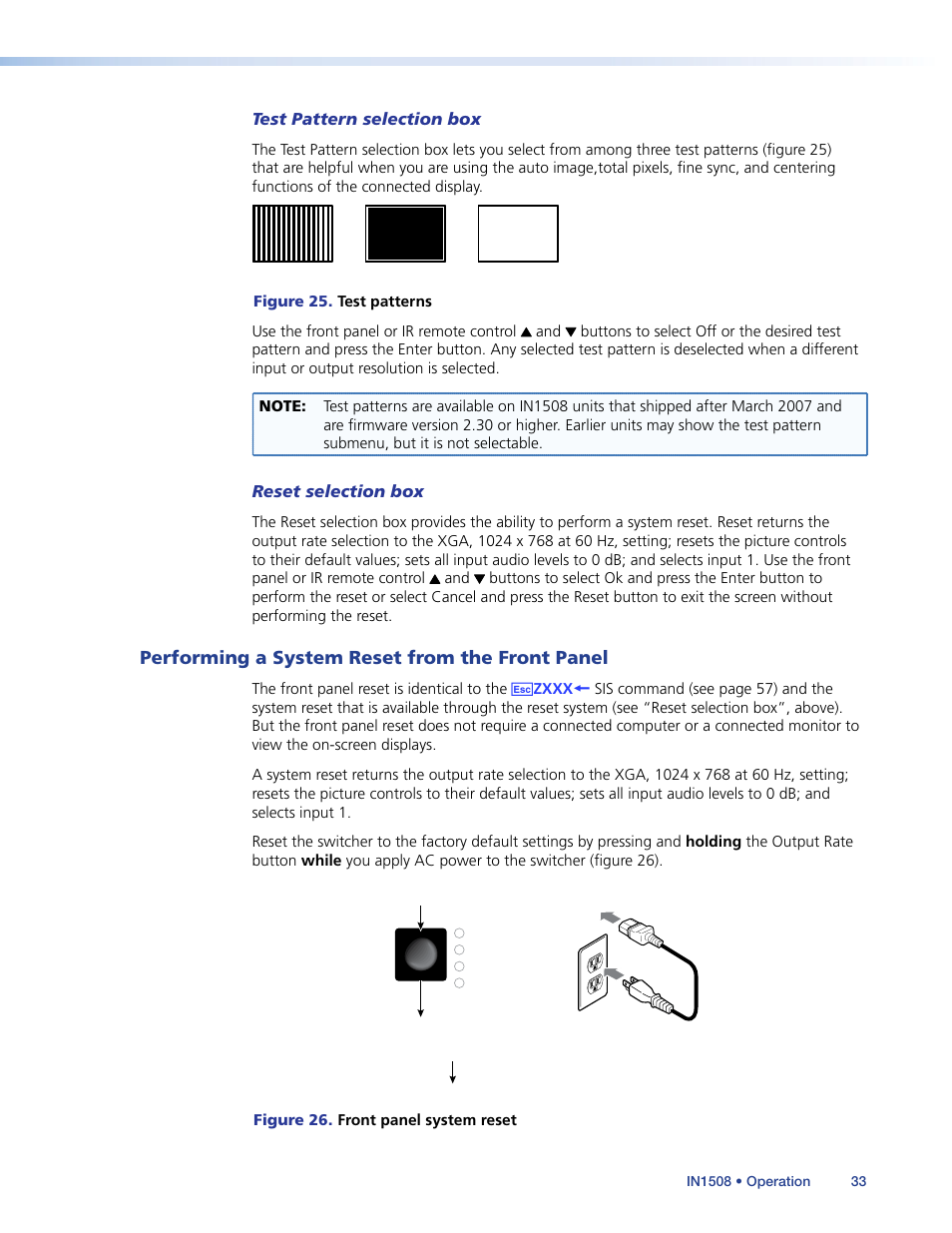 Performing a system reset from the front panel, Performing a system reset, From the front panel | Extron Electronics IN1508 User Guide User Manual | Page 38 / 72