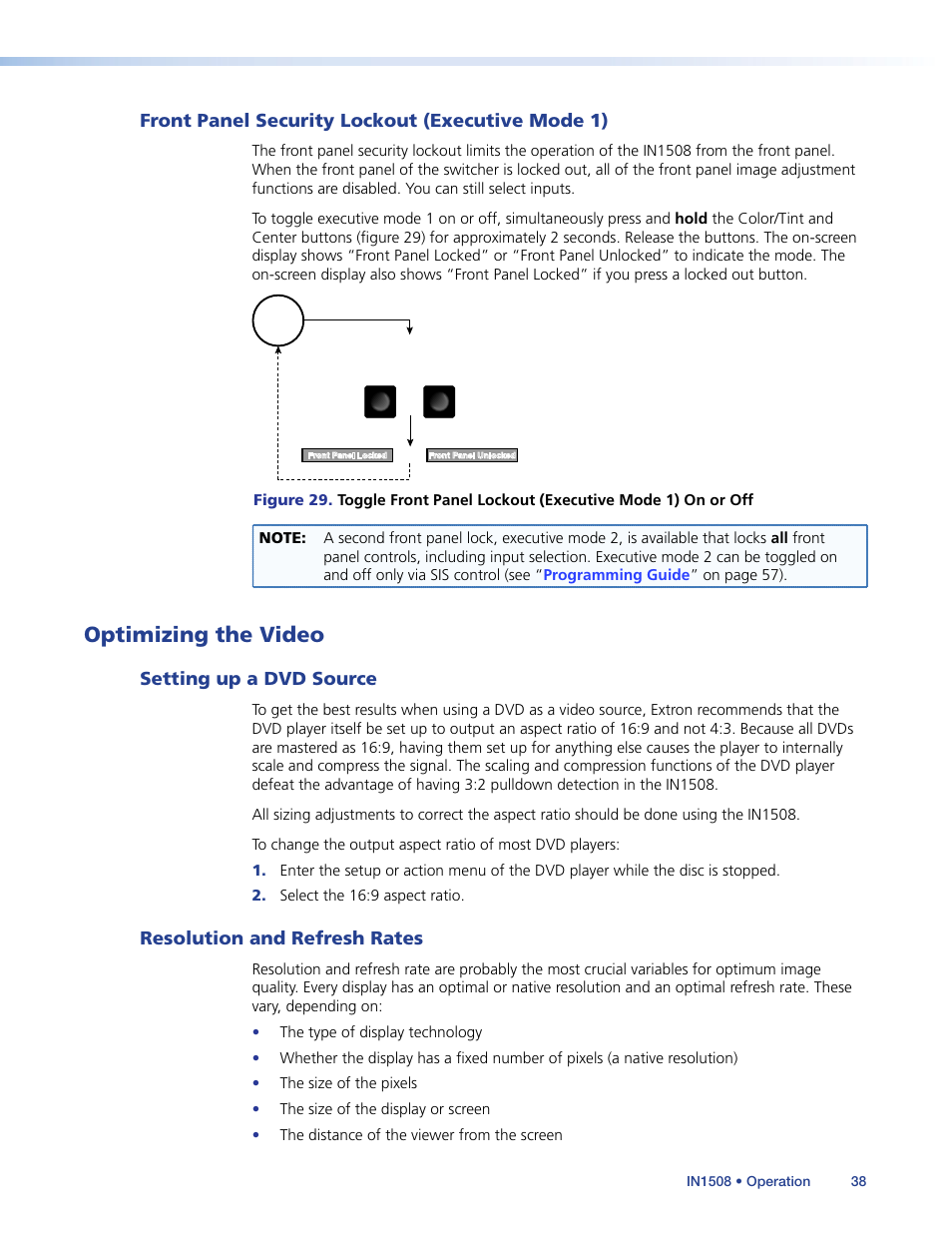 Front panel security lockout (executive mode 1), Optimizing the video, Setting up a dvd source | Resolution and refresh rates, Front panel security lockout, Executive mode 1) | Extron Electronics IN1508 User Guide User Manual | Page 43 / 72