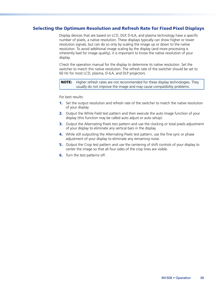 Selecting the optimum resolution, And refresh rate for fixed pixel displays | Extron Electronics IN1508 User Guide User Manual | Page 44 / 72