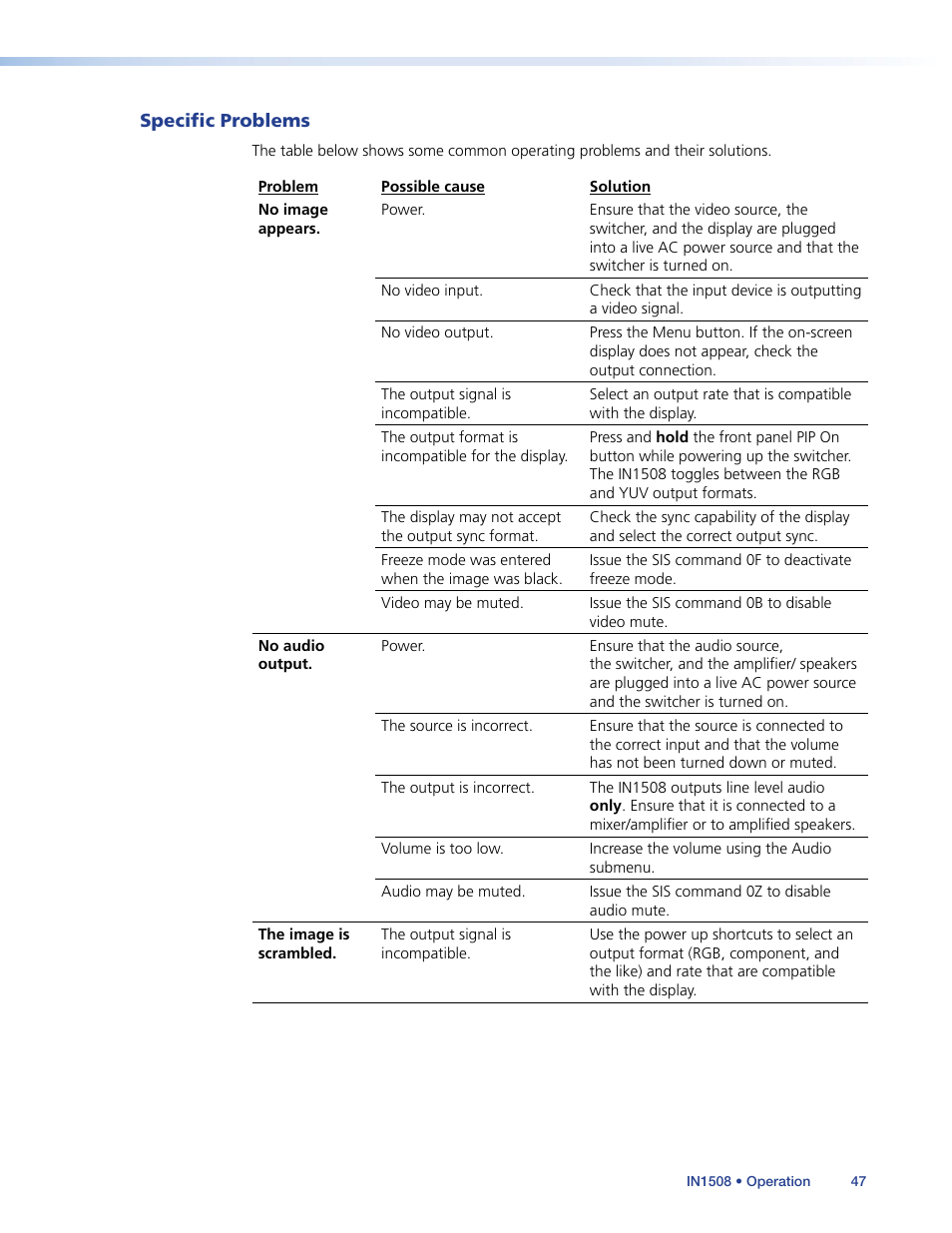 Specific problems | Extron Electronics IN1508 User Guide User Manual | Page 52 / 72
