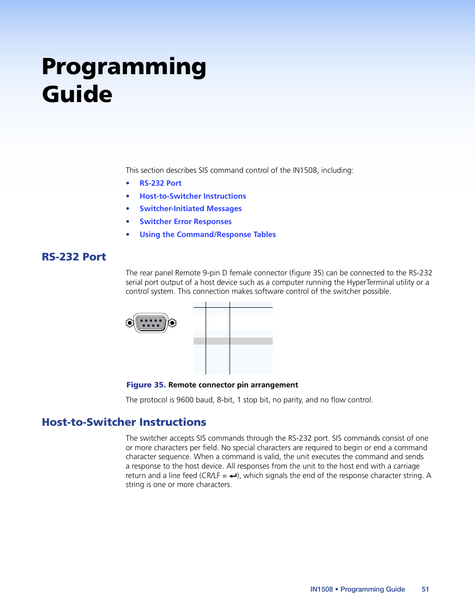 Programming guide, Rs-232 port, Host-to-switcher instructions | Rs-232 port host-to-switcher instructions | Extron Electronics IN1508 User Guide User Manual | Page 56 / 72