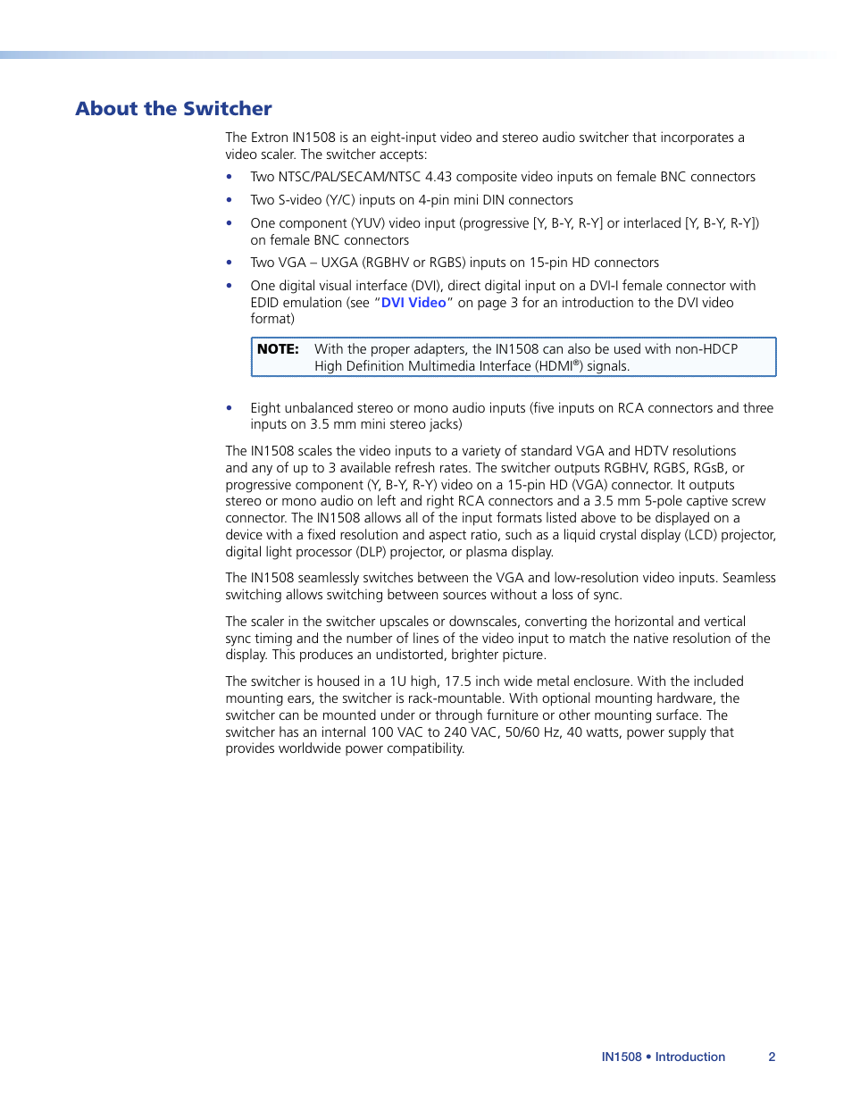 About the switcher | Extron Electronics IN1508 User Guide User Manual | Page 7 / 72