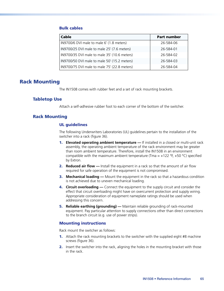 Rack mounting, Tabletop use, Tabletop use rack mounting | Extron Electronics IN1508 User Guide User Manual | Page 70 / 72