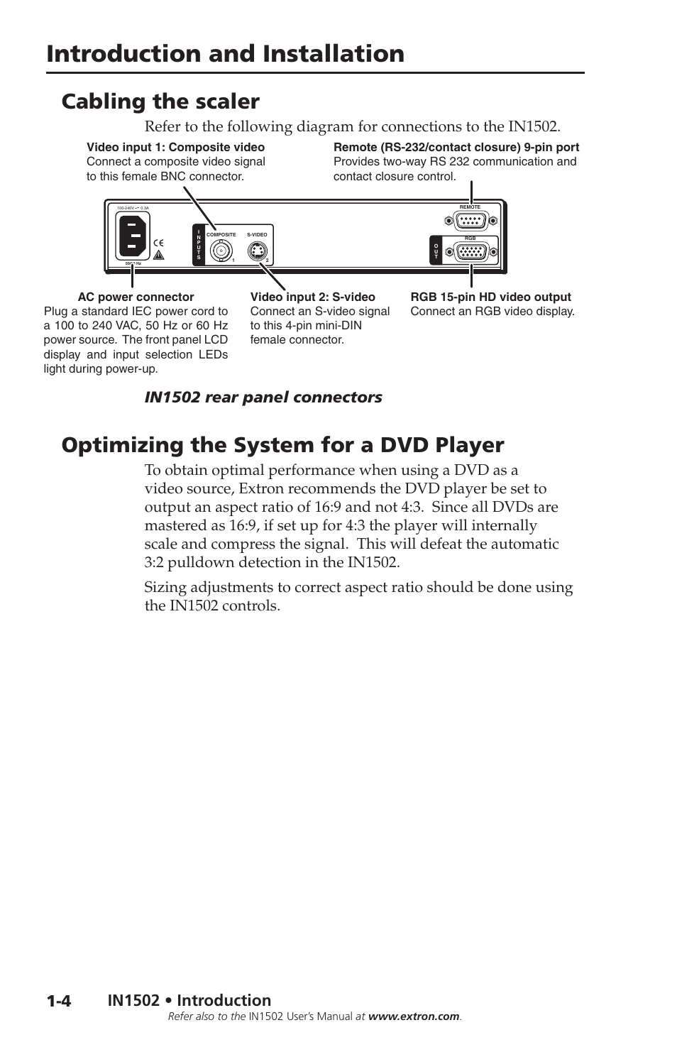 Cabling the scaler, Optimizing the system for a dvd player, Cabling the scaler | Optimizing the system for a dvd player, Introduction and installation, In1502 rear panel connectors, In1502 • introduction | Extron Electronics IN1502 Setup Guide User Manual | Page 10 / 28