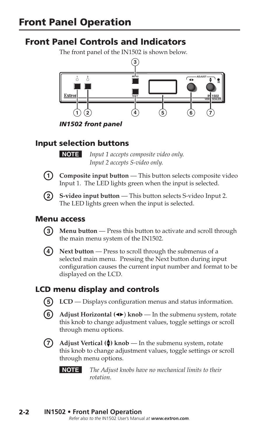 Front panel controls and indicators, Input selection buttons, Menu access | Lcd menu display and controls, Front panel controls and indicators, Front panel operation | Extron Electronics IN1502 Setup Guide User Manual | Page 12 / 28