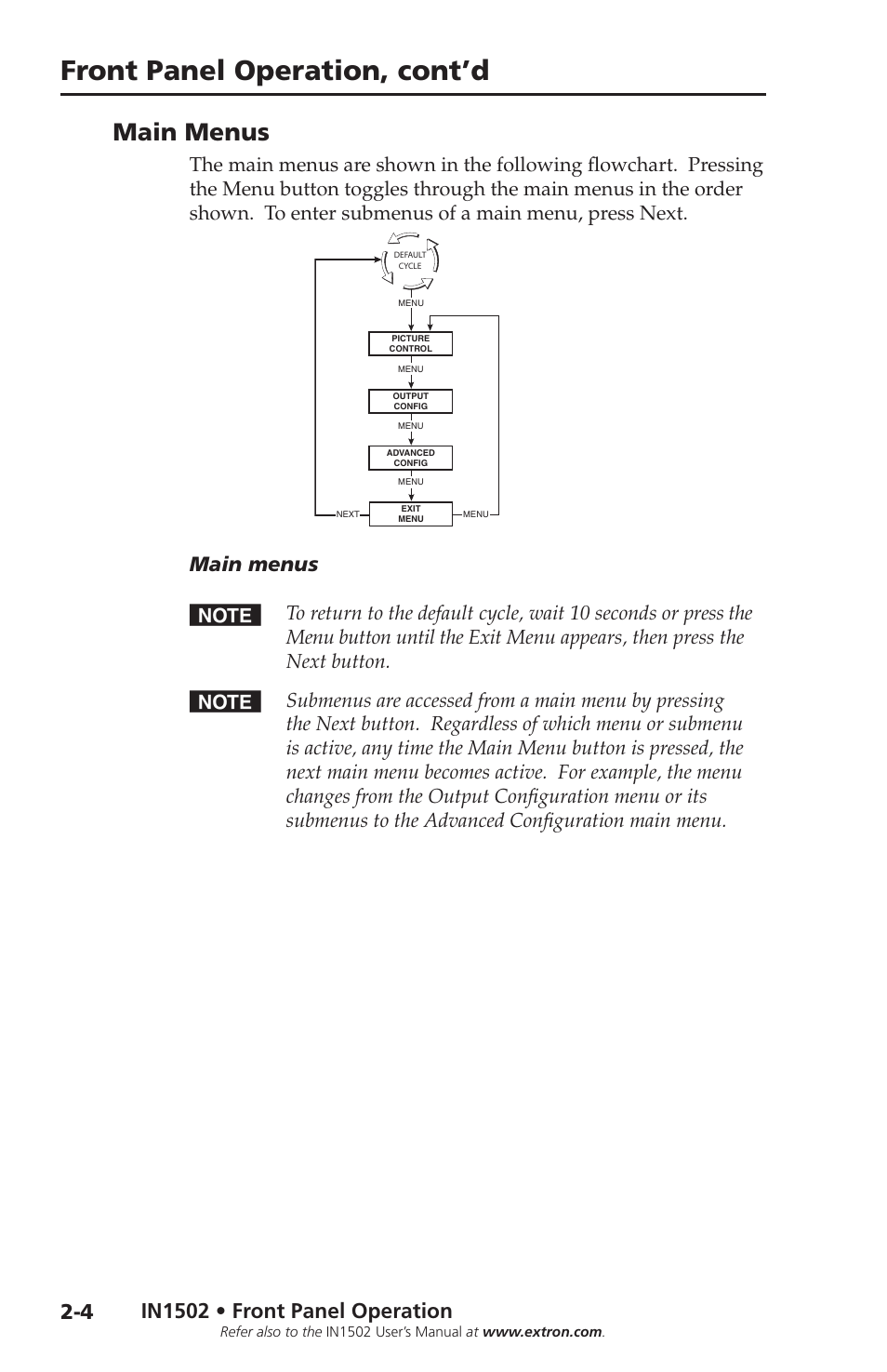 Main menus, Main menus -4, Front panel operation, cont’d | In1502 • front panel operation | Extron Electronics IN1502 Setup Guide User Manual | Page 14 / 28