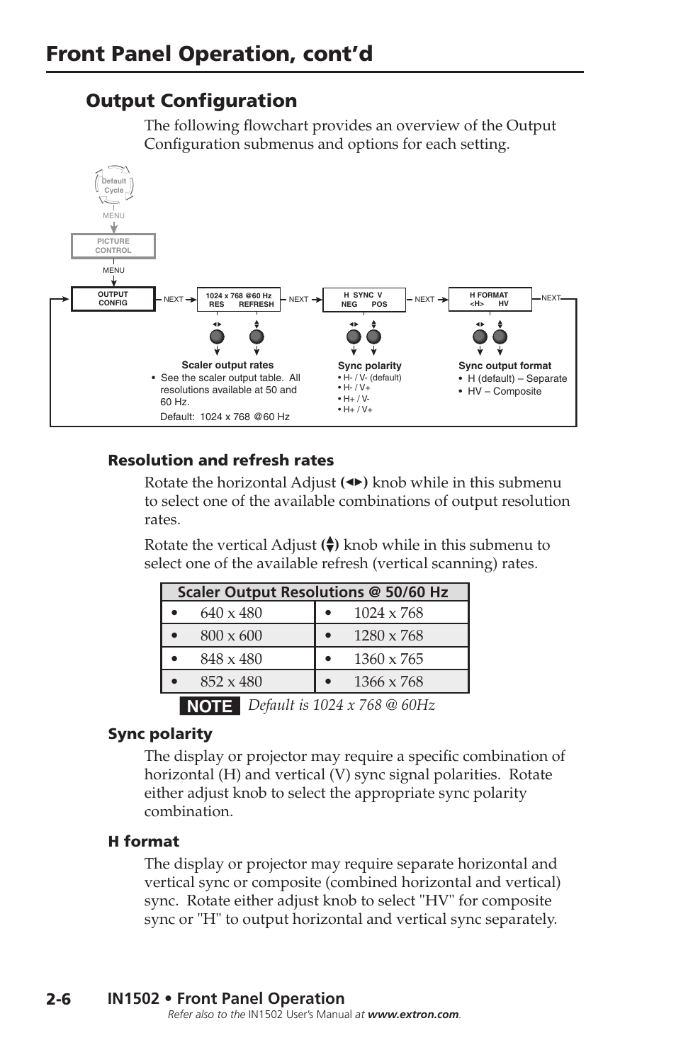 Output configuration, Resolution and refresh rates, Sync polarity | H format, Output configuration -6, Front panel operation, cont’d, In1502 • front panel operation | Extron Electronics IN1502 Setup Guide User Manual | Page 16 / 28