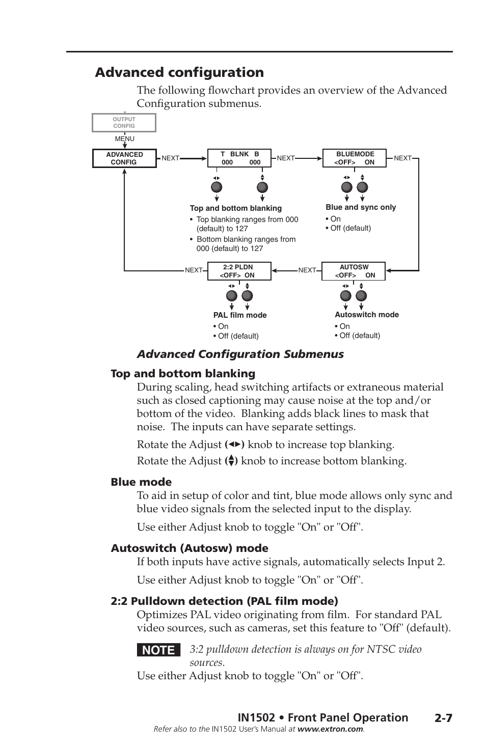 Advanced configuration, Top and bottom blanking, Blue mode | Autoswitch (autosw) mode, 2 pulldown detection (pal film mode), Advanced configuration -7, Advanced configuration submenus, In1502 • front panel operation | Extron Electronics IN1502 Setup Guide User Manual | Page 17 / 28