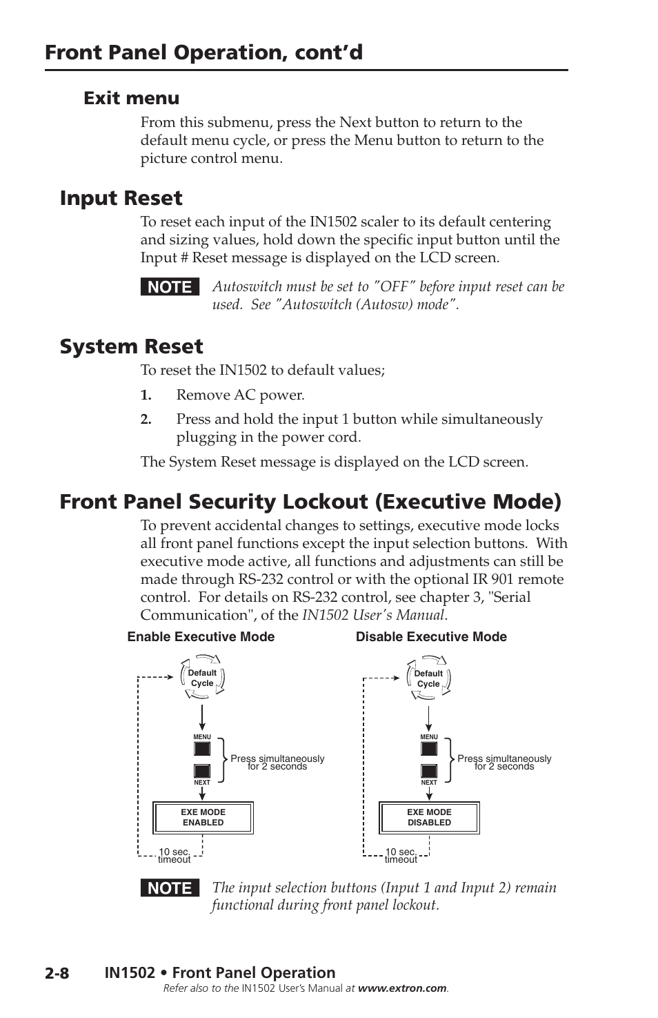 Exit menu, Input reset, System reset | Front panel security lockout (executive mode), Exit menu -8, Input reset, System reset, Front panel security lockout (executive mode), Front panel operation, cont’d, In1502 • front panel operation | Extron Electronics IN1502 Setup Guide User Manual | Page 18 / 28