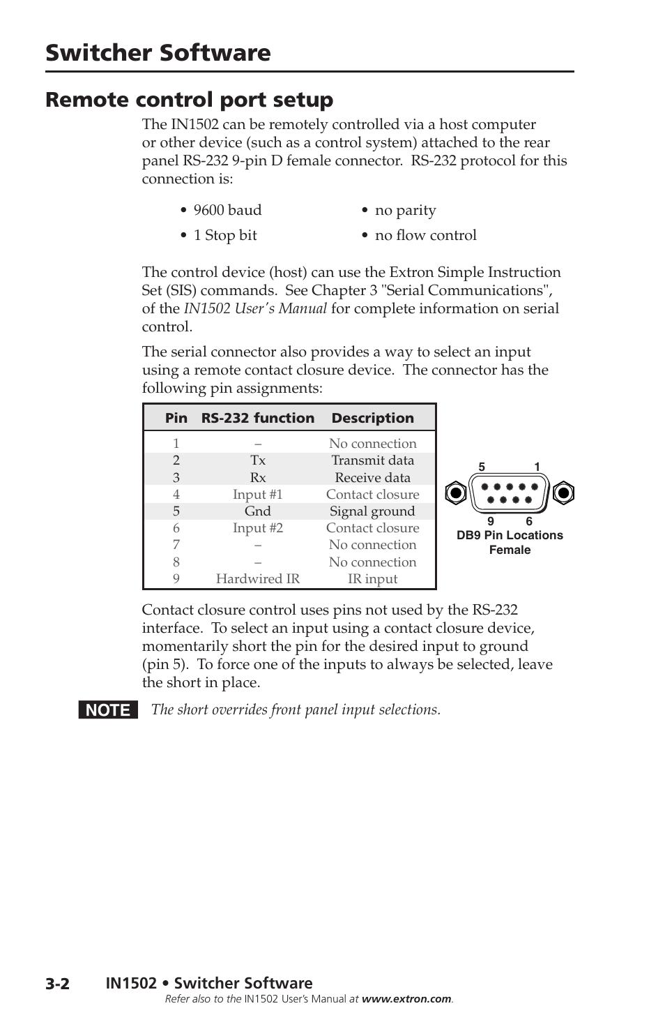 Switcher software, Remote control port setup | Extron Electronics IN1502 Setup Guide User Manual | Page 22 / 28