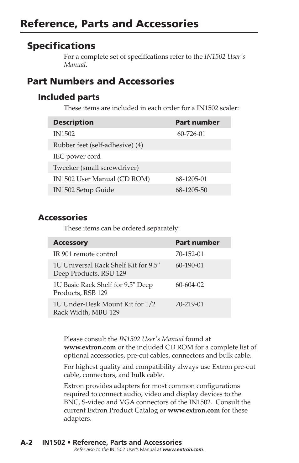 Specifications, Part numbers and accessories, Included parts | Accessories, Specifications, Part numbers and accessories, Reference, parts and accessories | Extron Electronics IN1502 Setup Guide User Manual | Page 24 / 28