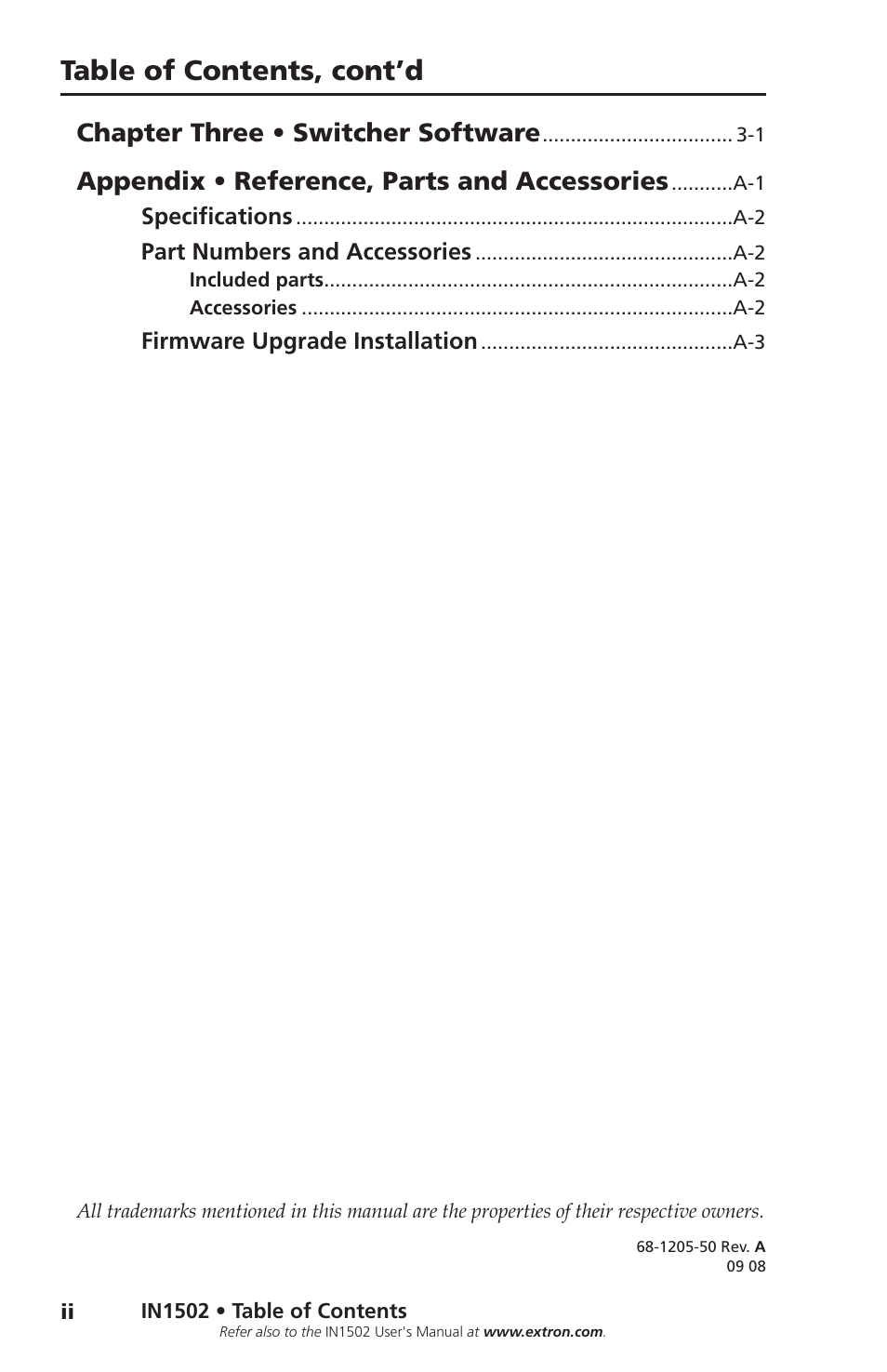Table of contents, cont’d, Chapter three • switcher software, Appendix • reference, parts and accessories | Extron Electronics IN1502 Setup Guide User Manual | Page 6 / 28