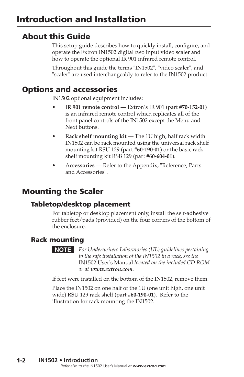 About this guide, Options and accessories, Mounting the scaler | Options and accessories, Mounting the scaler, Introduction and installation, Tabletop/desktop placement, Rack mounting | Extron Electronics IN1502 Setup Guide User Manual | Page 8 / 28