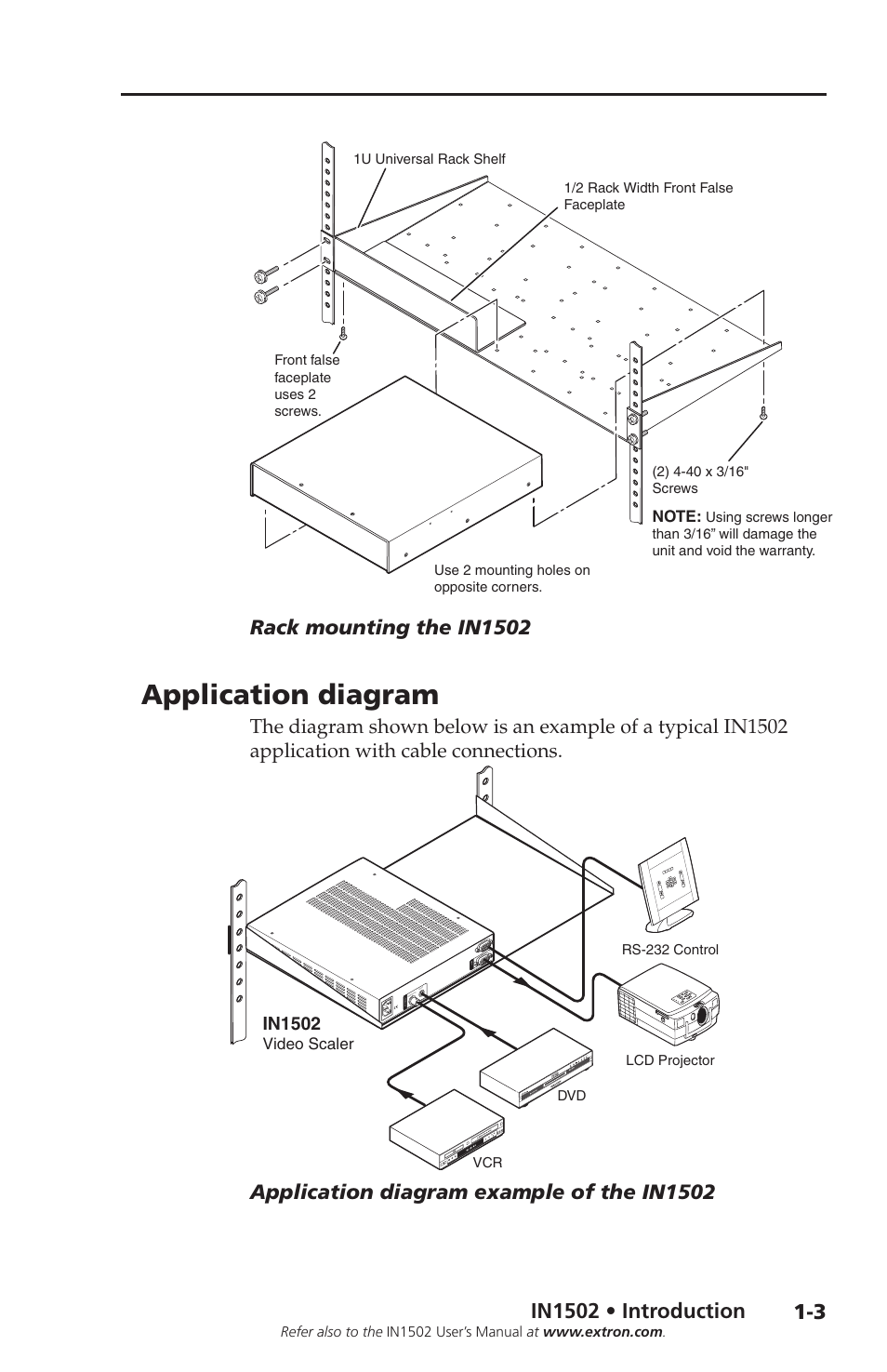 Application diagram, Rack mounting the in1502, Halfrackstandardshelf | Extron Electronics IN1502 Setup Guide User Manual | Page 9 / 28