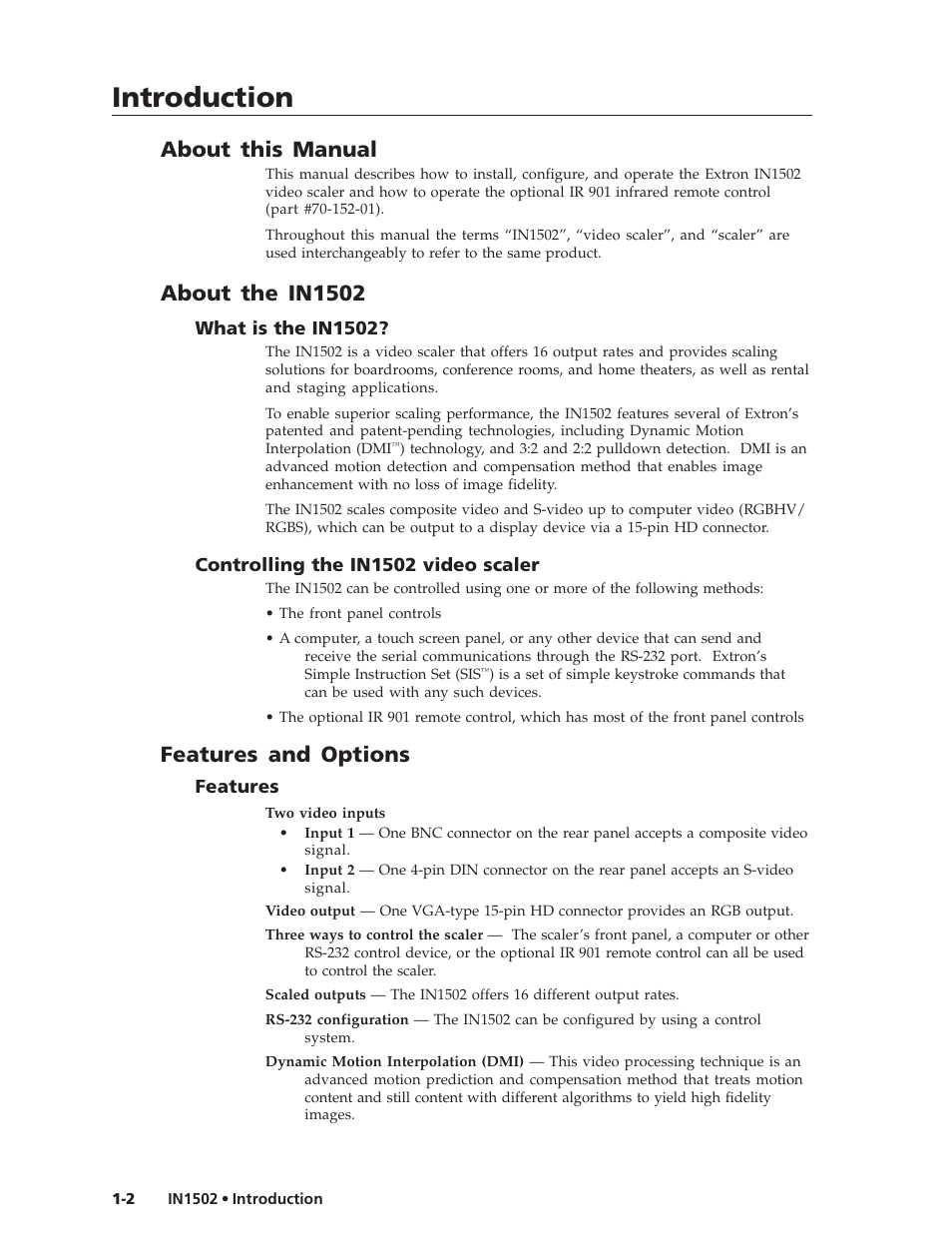 Introduction, About this manual, About the in1502 | Features and options | Extron Electronics IN1502 User Guide User Manual | Page 10 / 44