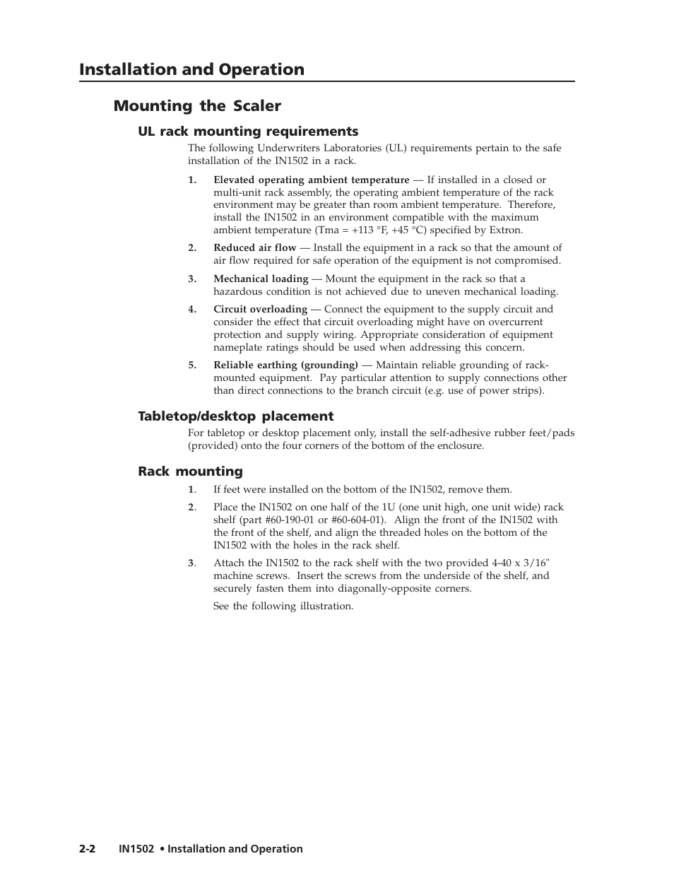 Installation and operation, Mounting the scaler | Extron Electronics IN1502 User Guide User Manual | Page 14 / 44