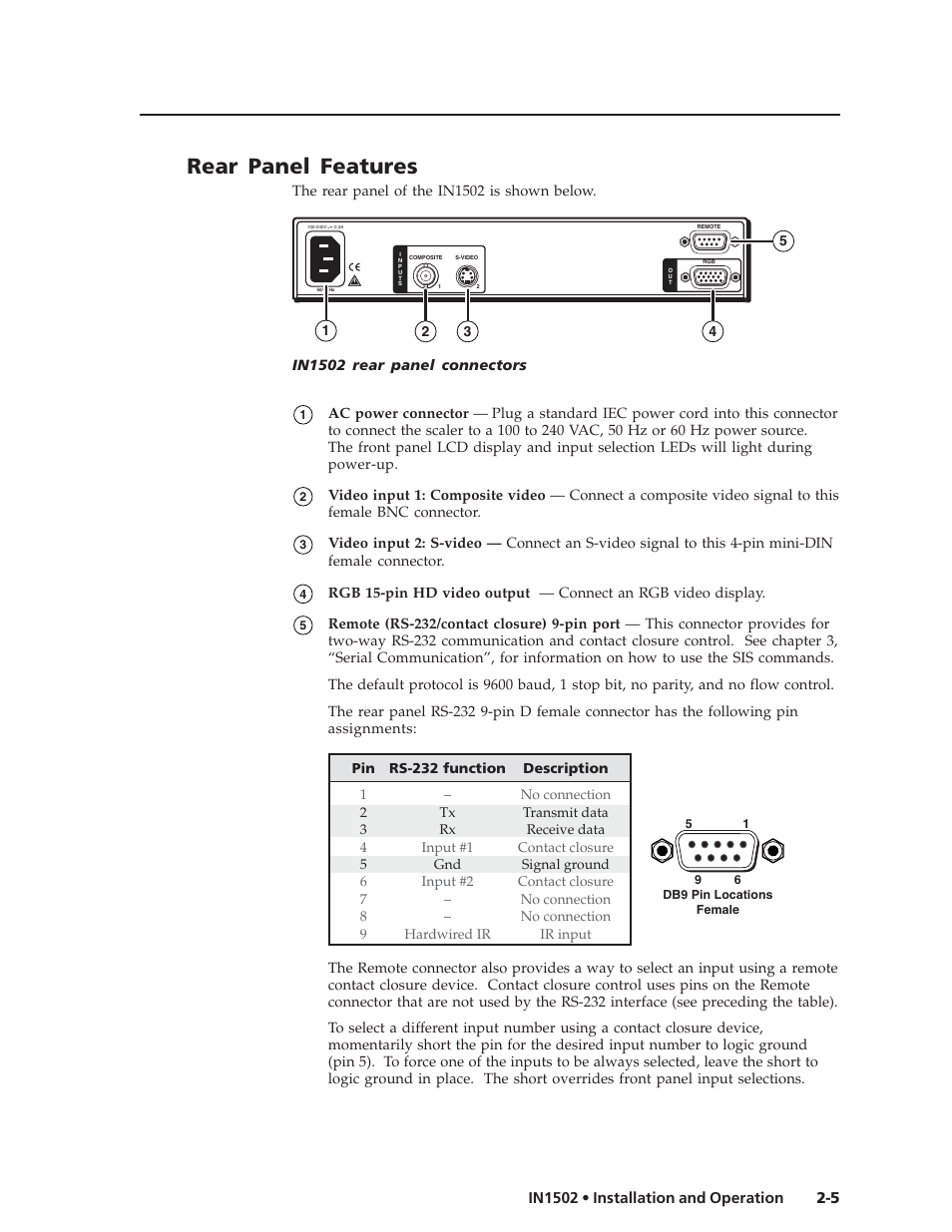 Rear panel features | Extron Electronics IN1502 User Guide User Manual | Page 17 / 44