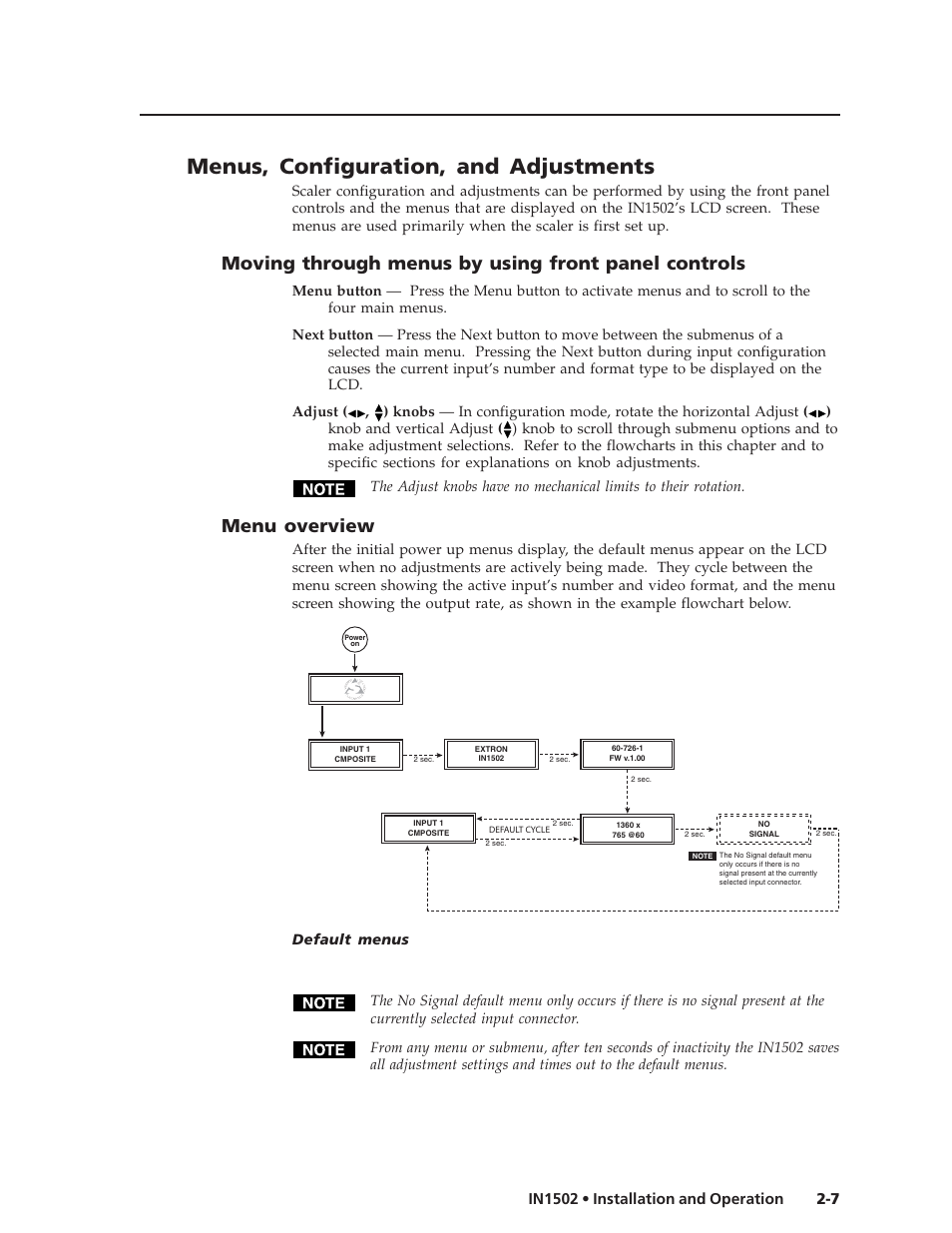 Menus, configuration, and adjustments, Moving through menus by using front panel controls, Menu overview | Extron Electronics IN1502 User Guide User Manual | Page 19 / 44