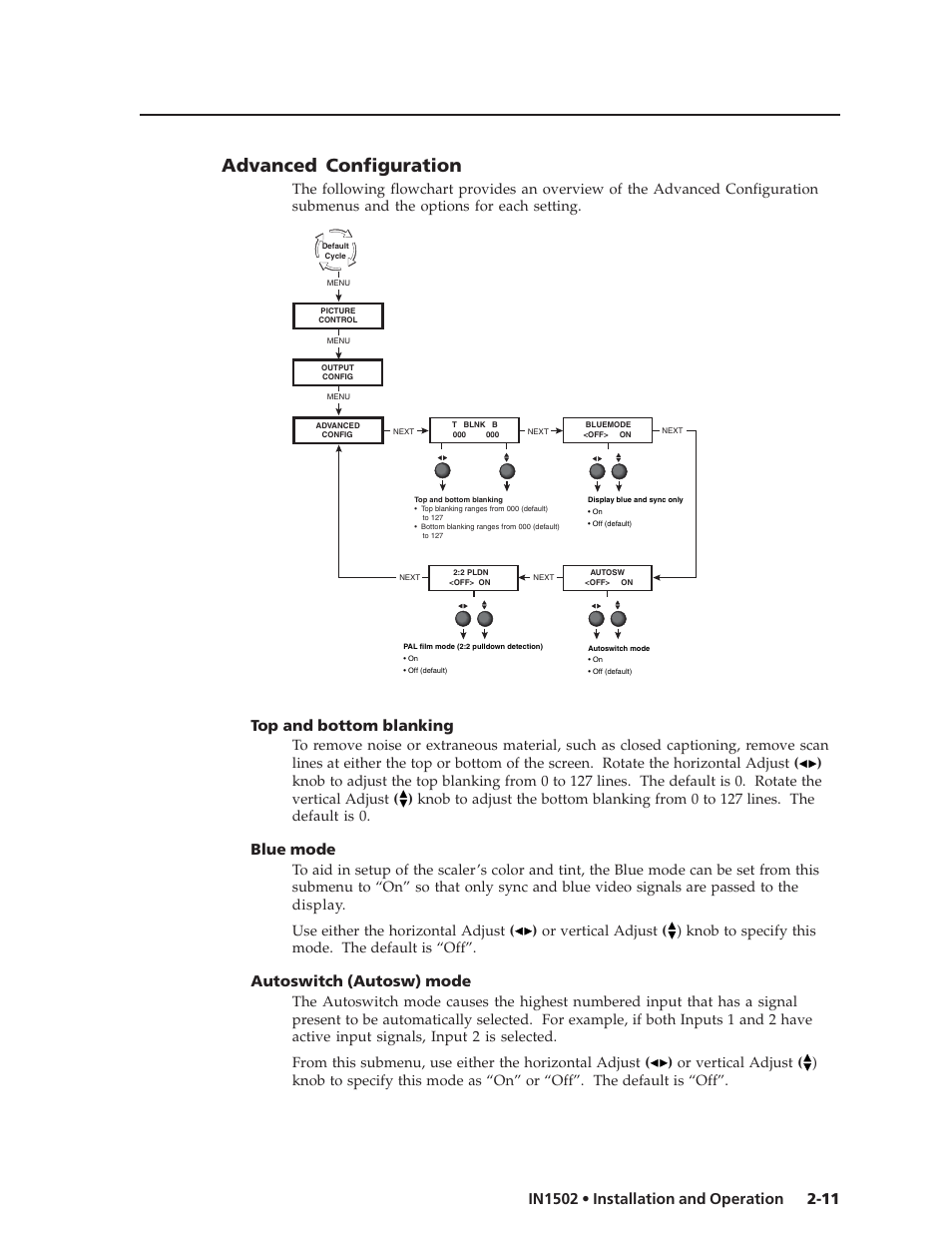 Advanced configuration, Top and bottom blanking, Blue mode | Autoswitch (autosw) mode | Extron Electronics IN1502 User Guide User Manual | Page 23 / 44