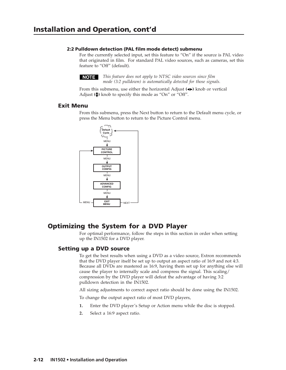 Installation and operation, cont’d, Optimizing the system for a dvd player, Exit menu | Setting up a dvd source | Extron Electronics IN1502 User Guide User Manual | Page 24 / 44