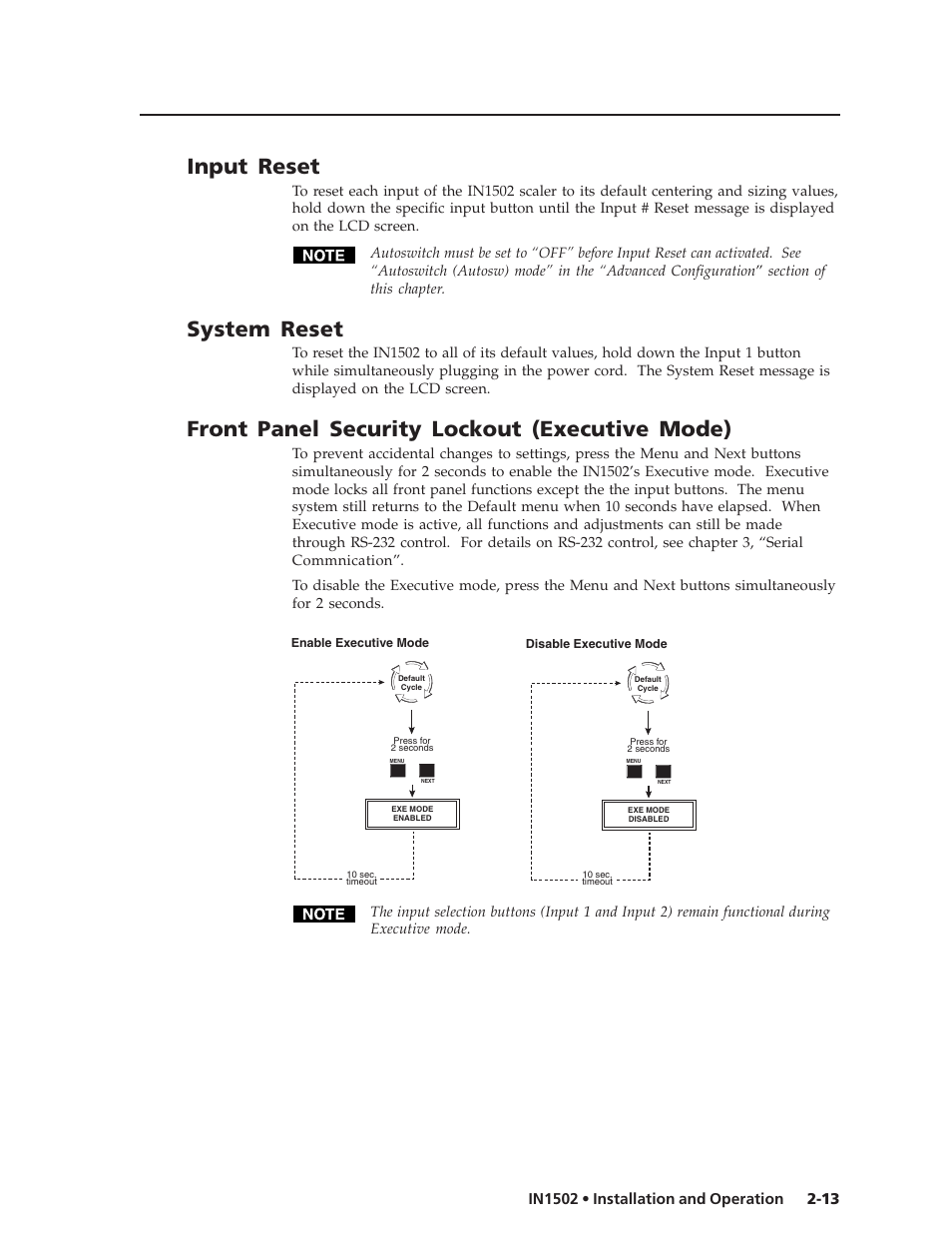 Input reset, System reset, Front panel security lockout (executive mode) | Extron Electronics IN1502 User Guide User Manual | Page 25 / 44