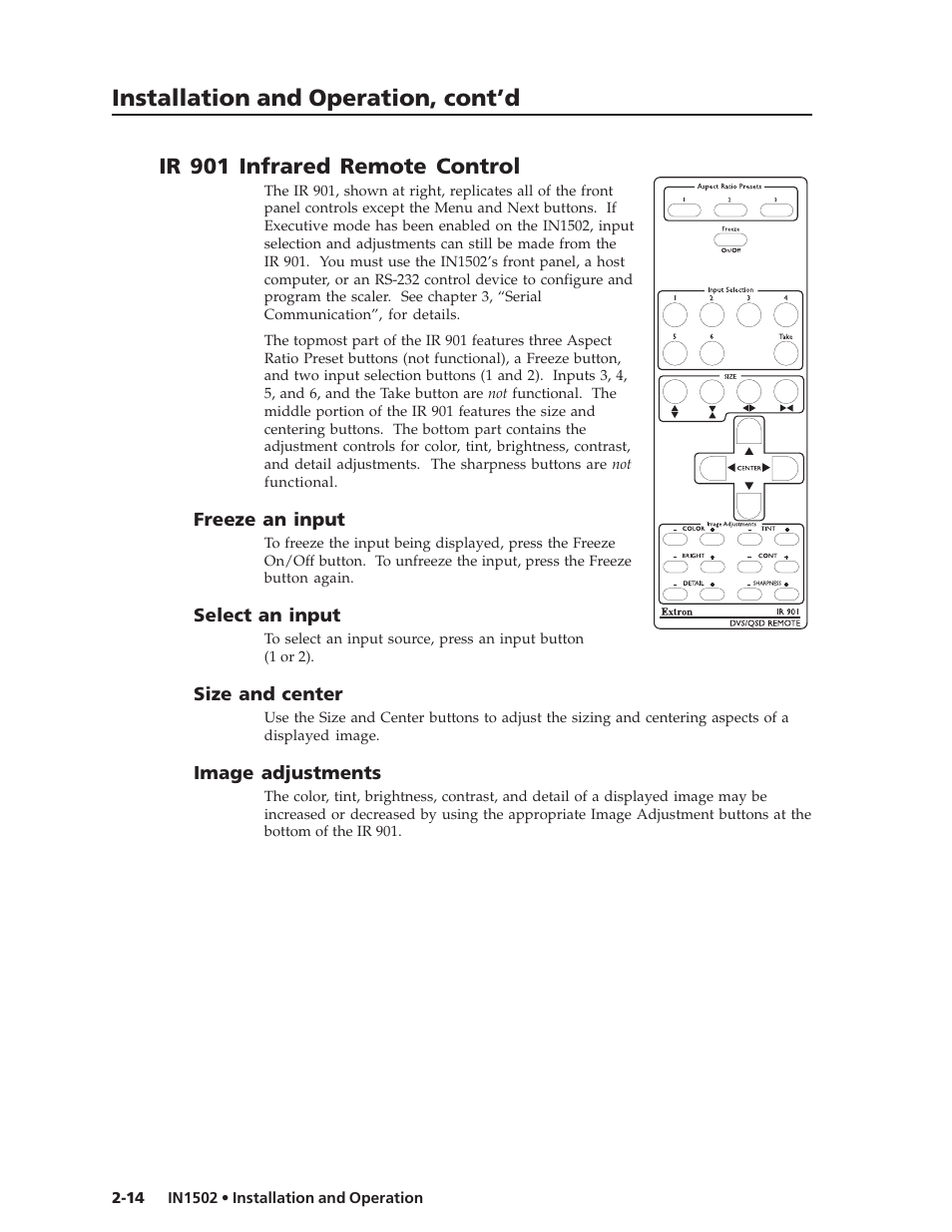 Installation and operation, cont’d, Ir 901 infrared remote control | Extron Electronics IN1502 User Guide User Manual | Page 26 / 44