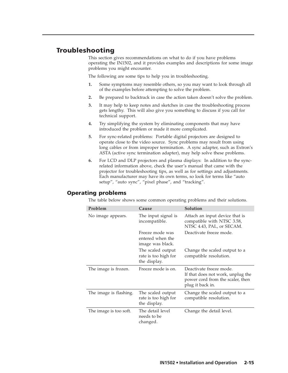 Troubleshooting, Operating problems | Extron Electronics IN1502 User Guide User Manual | Page 27 / 44