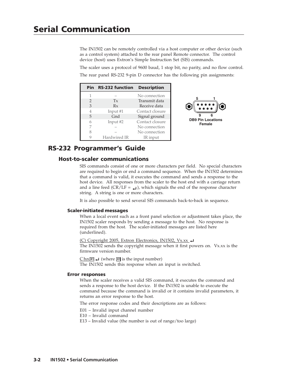 Serial communication, Rs-232 programmer’s guide, Host-to-scaler communications | Extron Electronics IN1502 User Guide User Manual | Page 30 / 44