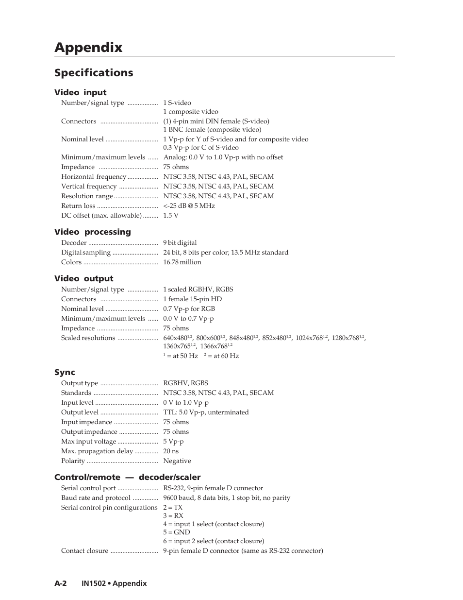 Appendix, Specifications, Video input | Video processing, Video output, Sync, Control/remote — decoder/scaler | Extron Electronics IN1502 User Guide User Manual | Page 38 / 44