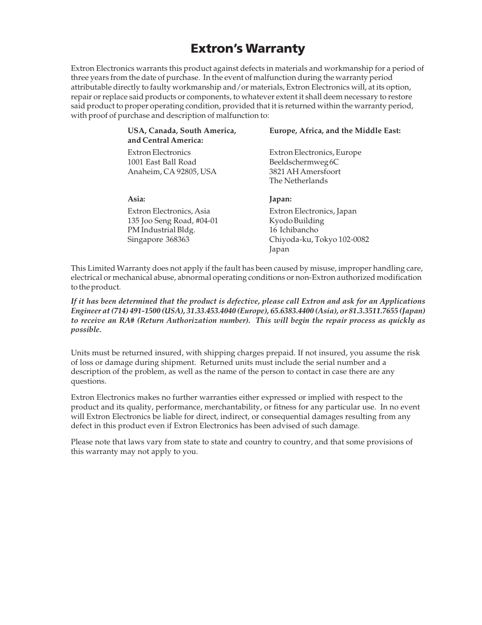 Extron’s warranty | Extron Electronics IN1502 User Guide User Manual | Page 43 / 44
