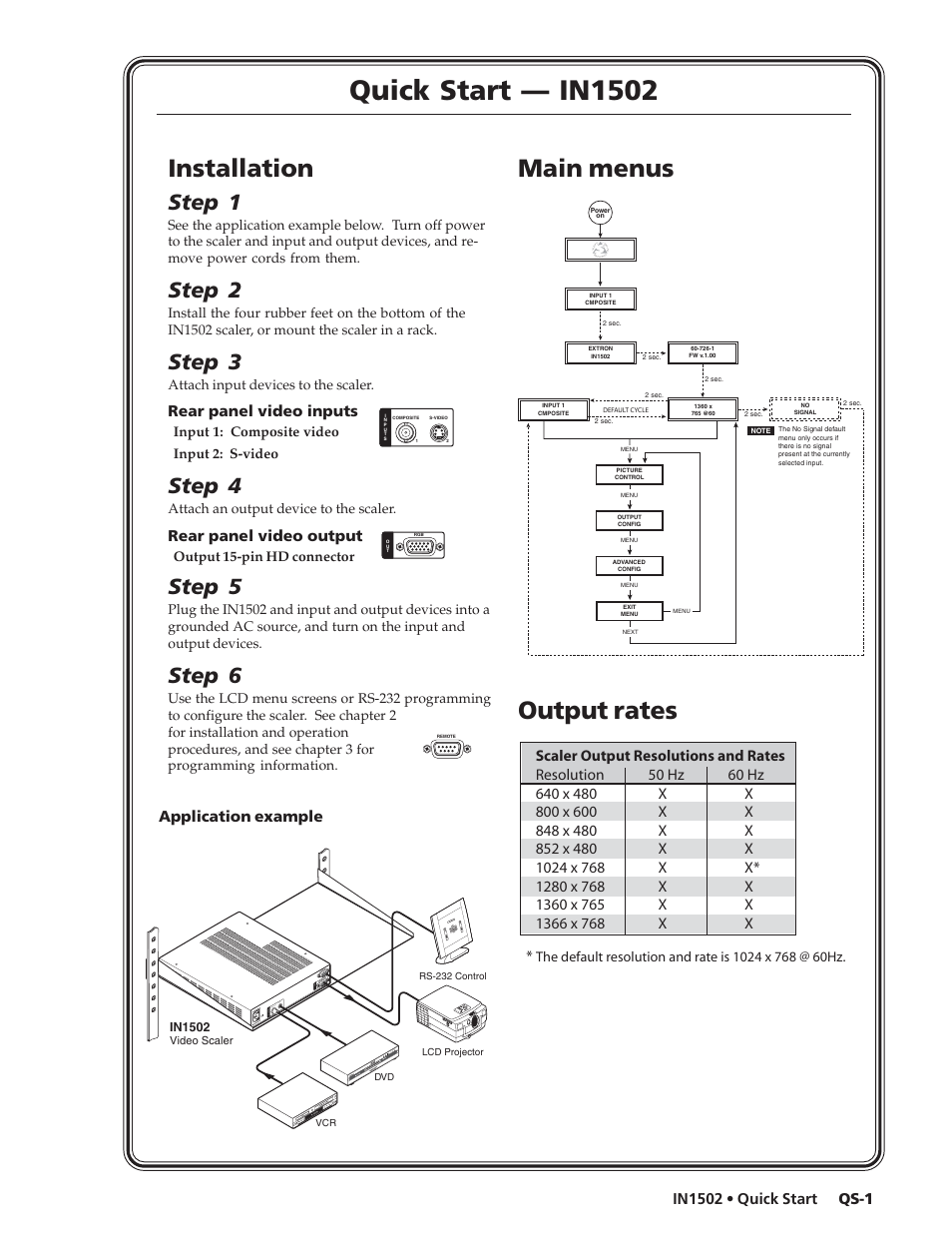 Quick start — in1502, Installation, Main menus | Output rates, Step 1, Step 2, Step 3, Step 4, Step 5, Step 6 | Extron Electronics IN1502 User Guide User Manual | Page 5 / 44