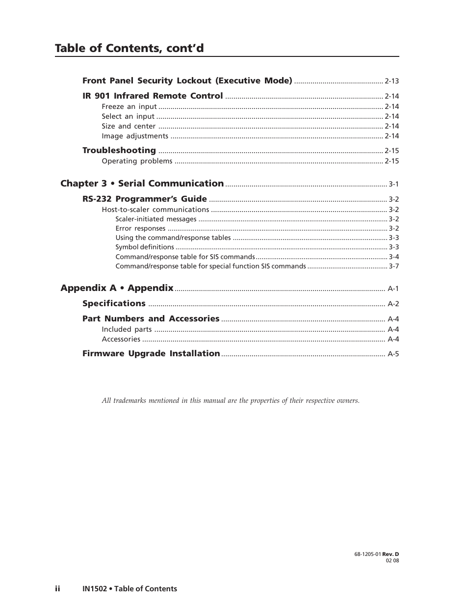 Table of contents, cont’d | Extron Electronics IN1502 User Guide User Manual | Page 8 / 44