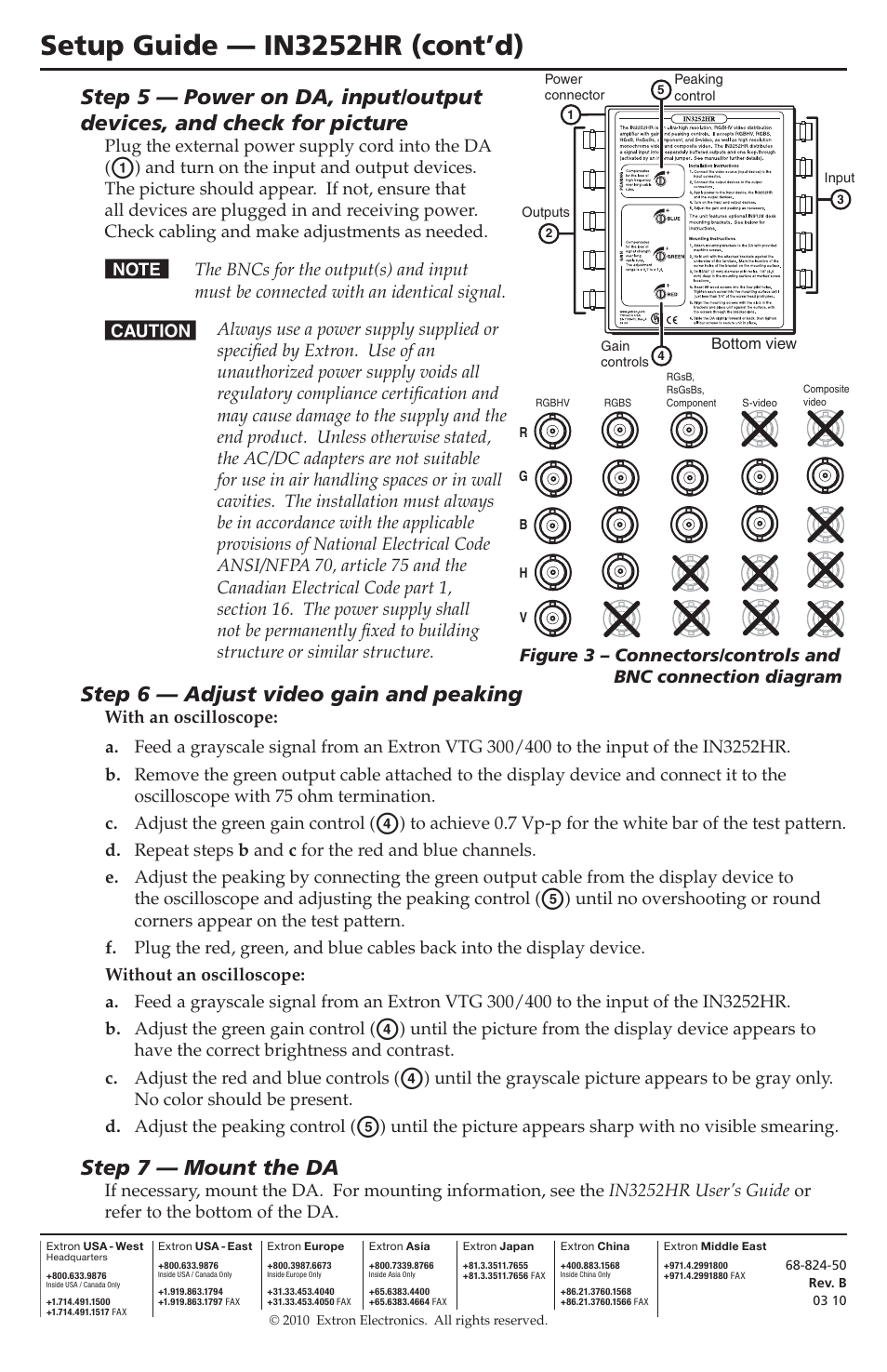 Setup guide — in3252hr (cont’d), Step 6 — adjust video gain and peaking, Step 7 — mount the da | Extron Electronics IN3252HR Setup Guide User Manual | Page 2 / 2