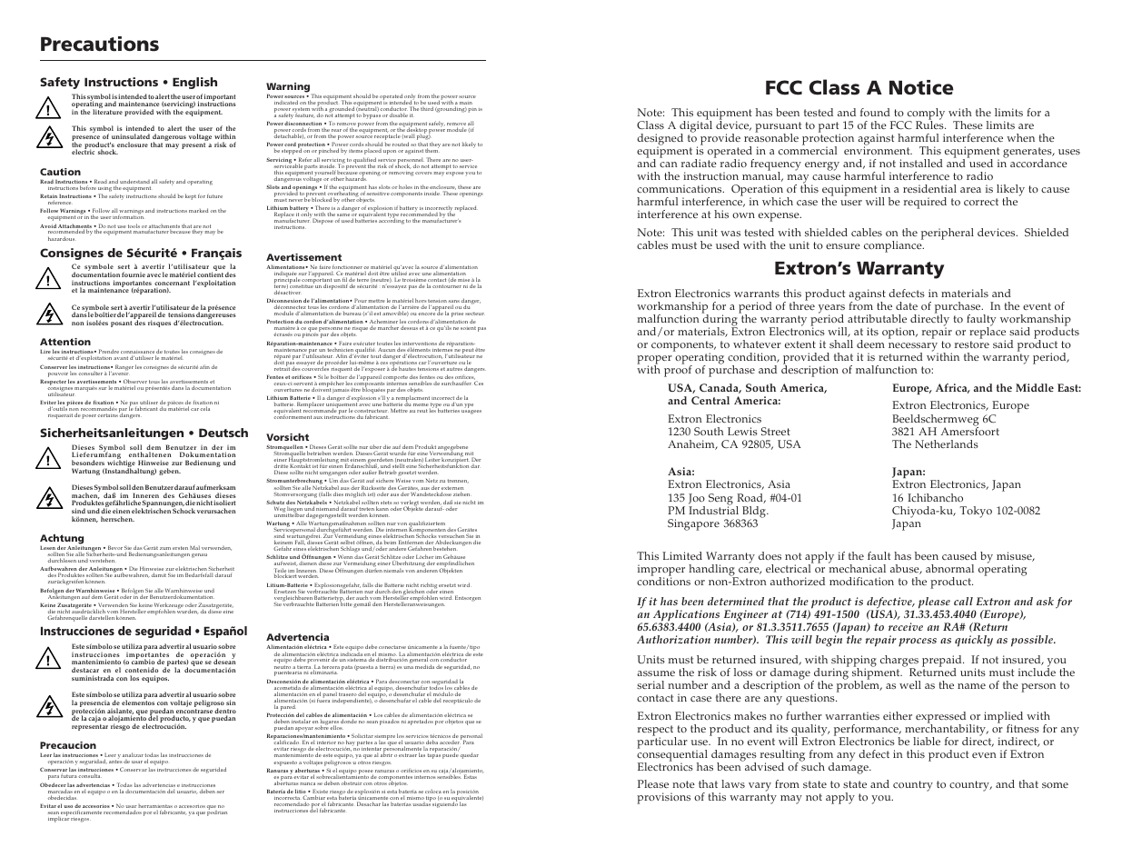 Precautions, Fcc class a notice, Extron’s warranty | Instrucciones de seguridad • español | Extron Electronics IN3252HR User Guide User Manual | Page 2 / 7