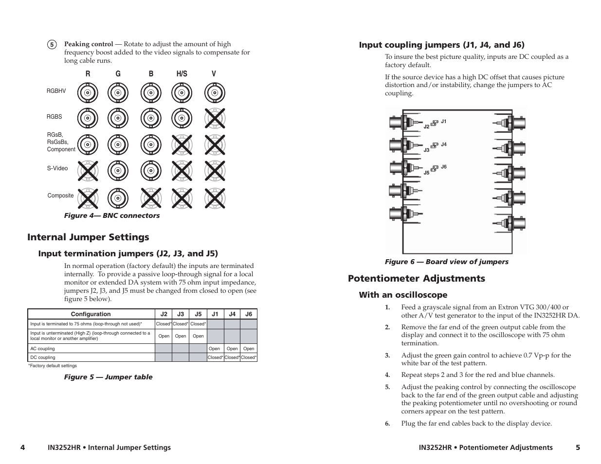 Potentiometer adjustments, Internal jumper settings | Extron Electronics IN3252HR User Guide User Manual | Page 5 / 7