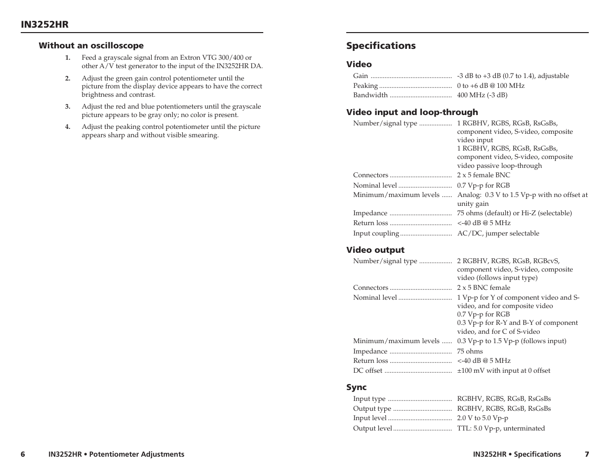 In3252hr, Specifications | Extron Electronics IN3252HR User Guide User Manual | Page 6 / 7