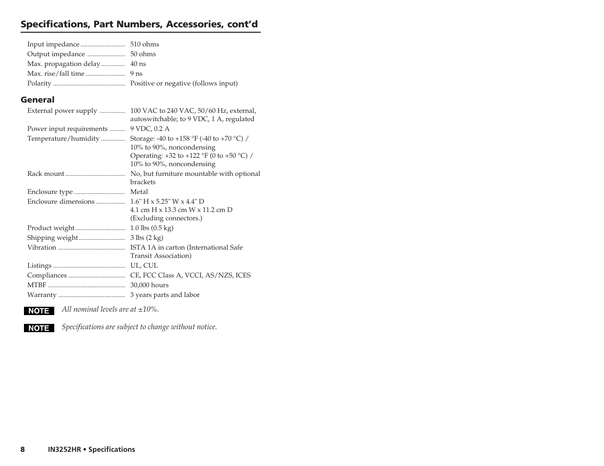Specifications, part numbers, accessories, cont’d | Extron Electronics IN3252HR User Guide User Manual | Page 7 / 7