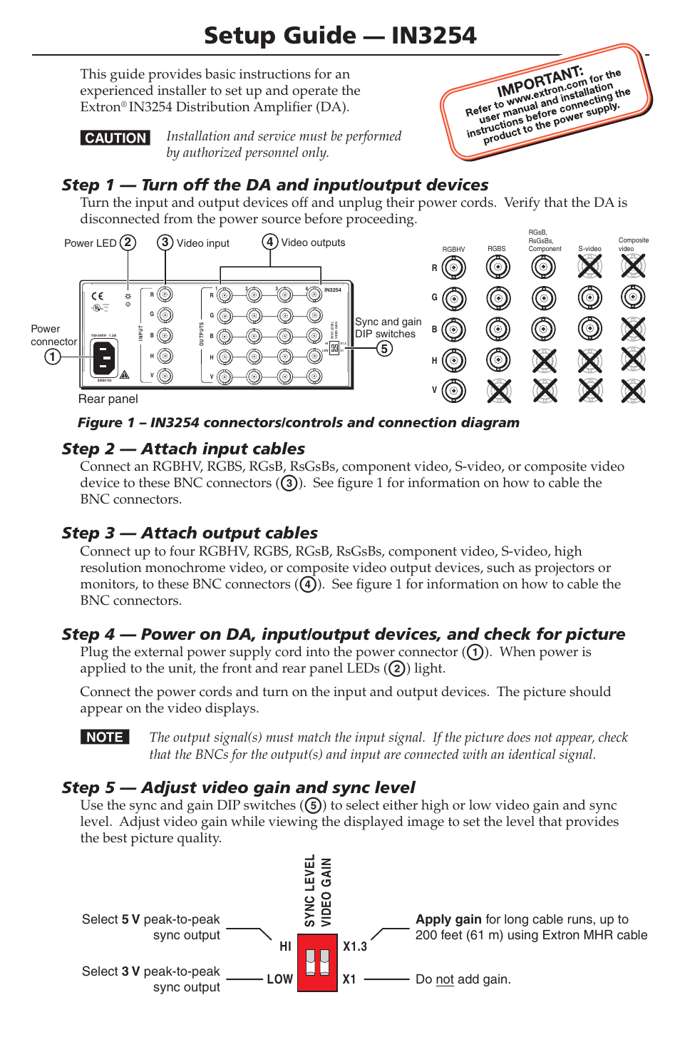 Extron Electronics IN3254 Setup Guide User Manual | 2 pages