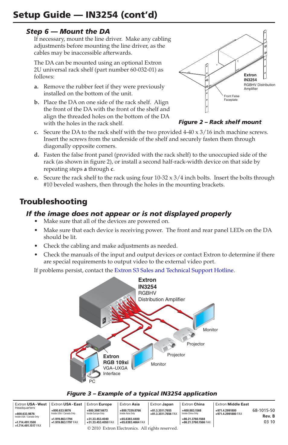 Setup guide — in3254 (cont’d), Troubleshooting, Step 6 — mount the da | Extron in3254 | Extron Electronics IN3254 Setup Guide User Manual | Page 2 / 2